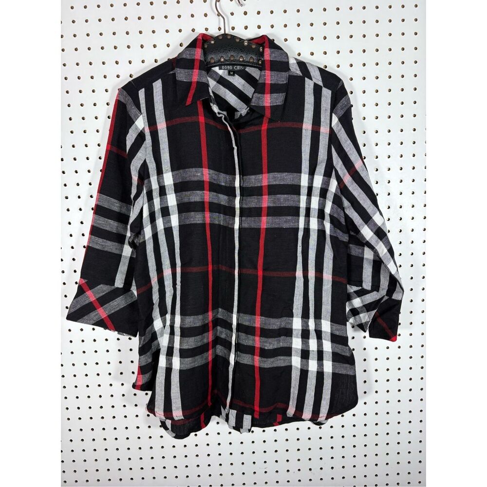 Boho Chic plaid linen blend button down top size M